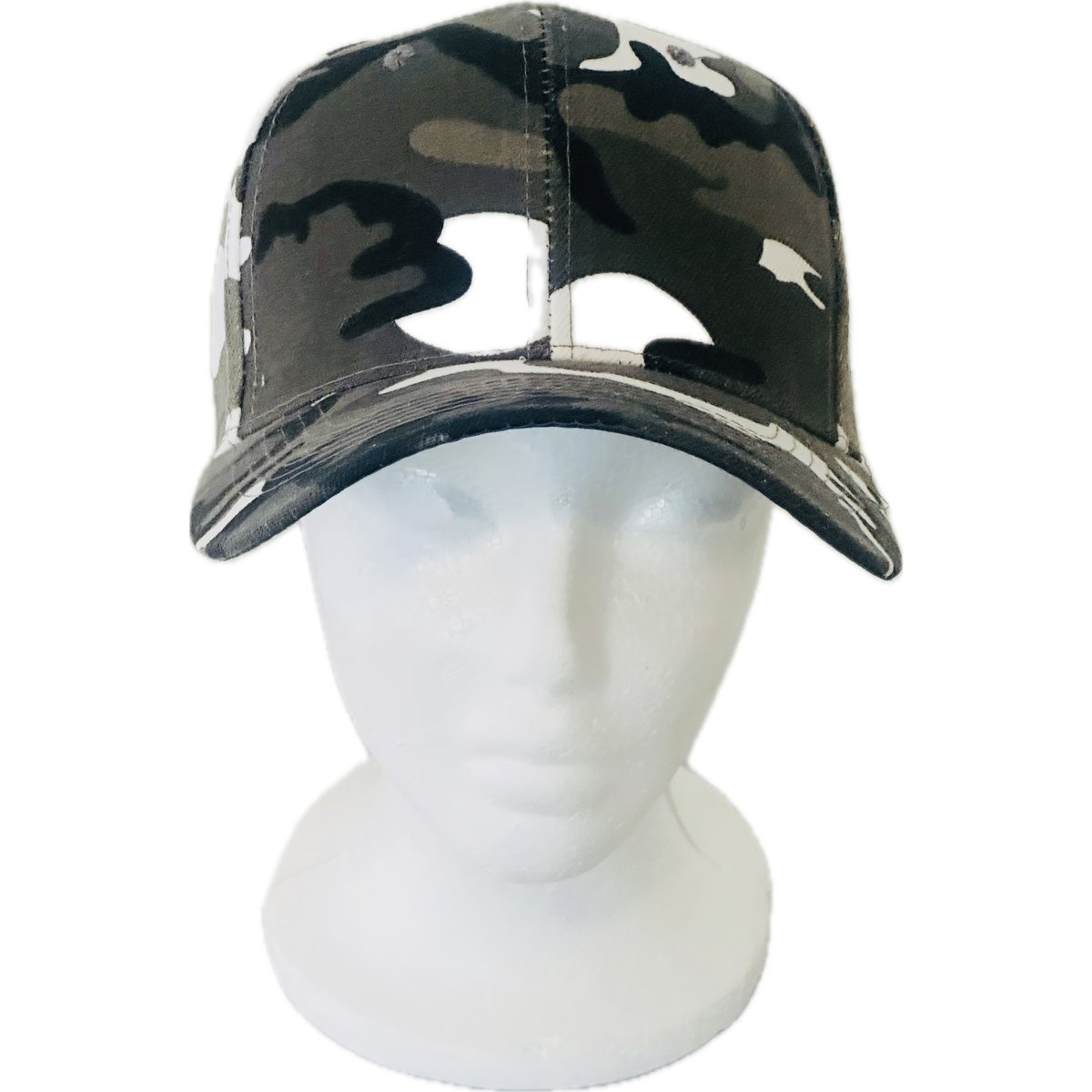 Gray and white camo cap on a mannequin, front view