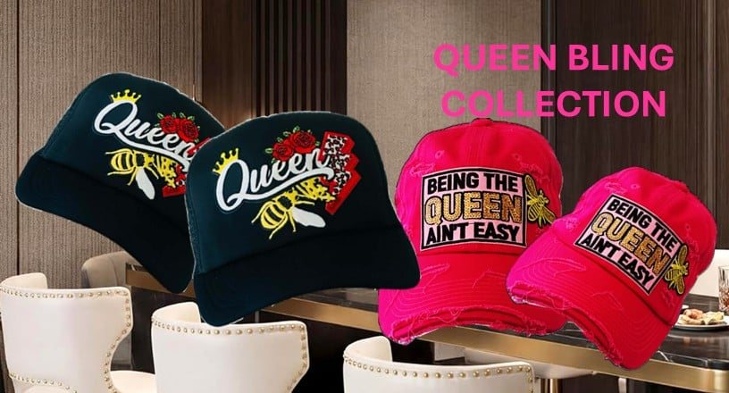 Queen Bling Collection: black Queen truckers and hot pink Being the Queen Ain't Easy caps