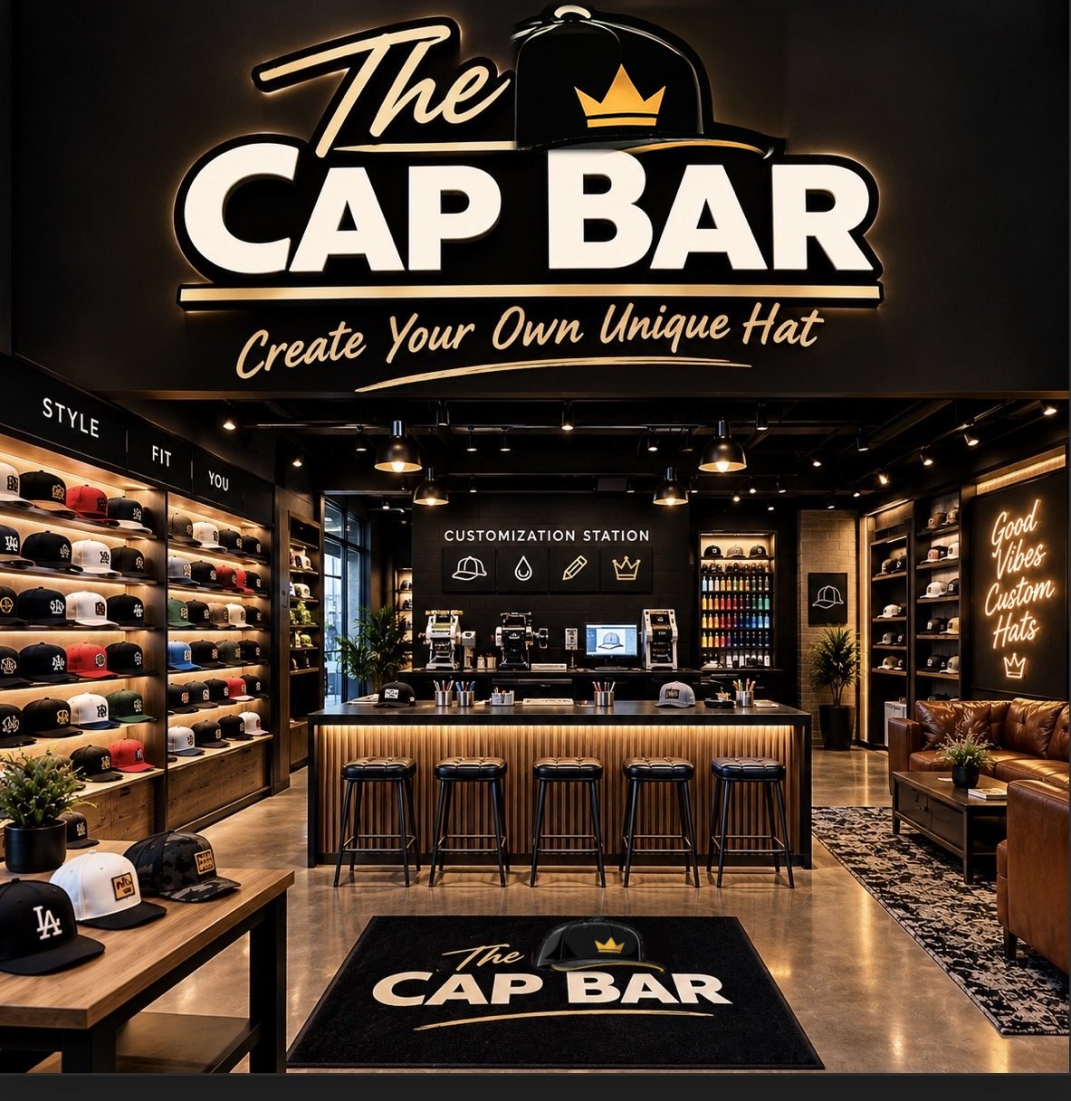 The Cap Bar store: the Create Your Own Unique Hat sign over walls of hats, a patch bar and a gold and black Cap Bar rug